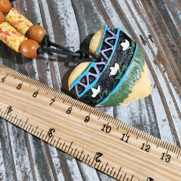 Artisan Heart Flowers Unglazed Clay Beige Black Multicolor OOAK Pendant Necklace - Picture 6 of 7